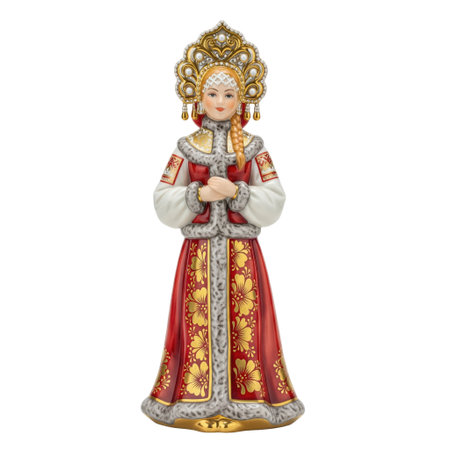 Porcelain figurine of a Russian beauty in a traditional kokoshnik headdress. This cultural souvenir sculpture is isolated for decor.の素材