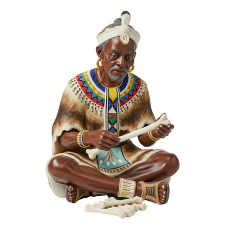 A porcelain figurine of an African elder in traditional costume performing bone divination. A classic collectible of tribal art.の素材