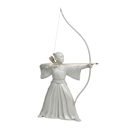 Porcelain figurine of a Japanese Kyudo archer aiming with a traditional longbow. This warrior sculpture is isolated for decor.の素材