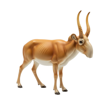 Realistic figurine of a saiga antelope with large horns and its distinctive bulbous nose. This wild animal sculpture is isolated.の素材