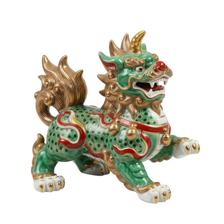 Traditional Chinese porcelain figurine of a green Qilin mythical beast with golden details. This Asian sculpture is isolated.の素材