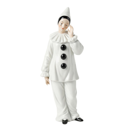 Vintage porcelain figurine of a sad Pierrette clown in a classic white costume. This collectible theatrical statuette is a symbol of art.の素材