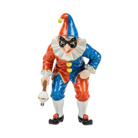 Vintage porcelain figurine of a Harlequin clown in a classic colorful costume. A collectible statuette of a theatrical character.の素材