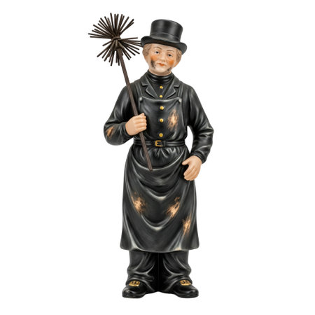 Vintage porcelain figurine of a chimney sweep in a traditional black uniform. This lucky charm holds his brush and top hat.の素材