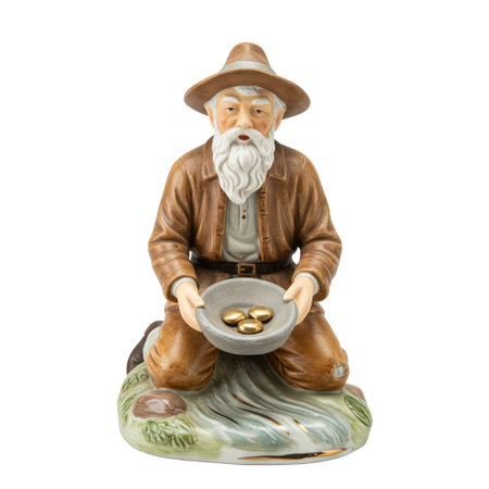 Vintage porcelain figurine of a gold prospector panning for nuggets. This historical statuette is a symbol of the gold rush.の素材