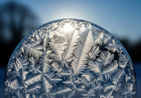 A frozen soap bubble with ice crystals. The beautiful winter macro shot is illuminated by the rising sun in the background.の素材