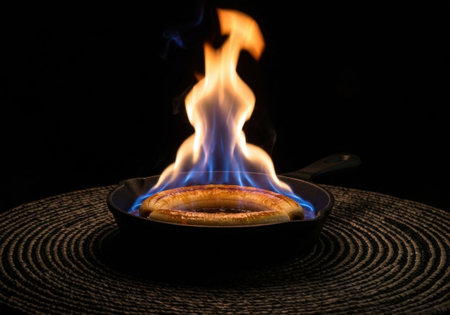 Gourmet bananes flambees dessert cooking in a skillet. The spectacular blue and orange fire creates a dramatic effect on a dark table.の素材