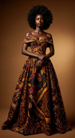 A beautiful black woman with a natural afro hairstyle models a modern off-the-shoulder ball gown made from African print fabric.の素材