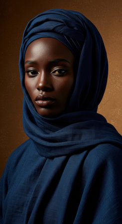 A beautiful young black Muslim woman with elegant makeup wears a traditional blue hijab and looks at the camera.の素材