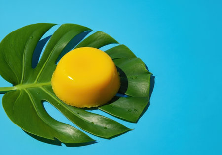 Quindim, a traditional Brazilian dessert made from egg yolks and coconut. Served on a tropical monstera leaf on a vibrant blue background.の素材