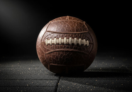 Vintage leather soccer ball with laces on a dark floor with dramatic spotlight illuminationの素材