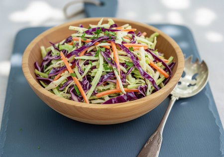 A wooden bowl of fresh homemade coleslaw salad. Made with shredded red and green cabbage, carrots, and parsley on a slate board.の素材