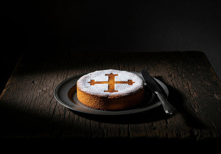 Traditional Spanish almond cake Tarta de Santiago, decorated with powdered sugar. It is served on a rustic wooden table.の素材