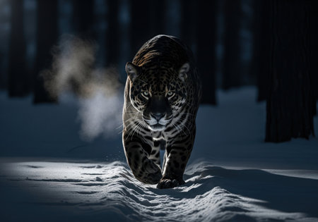 A majestic jaguar walks through a dark, snowy forest. The moonlight creates a dramatic backlight, illuminating its breath in the cold.の素材