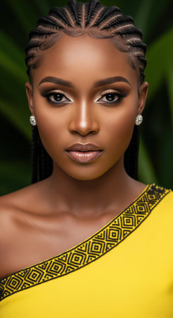 A beauty portrait of a beautiful African woman with braided cornrows, wearing a yellow dress with a traditional beaded pattern.の素材