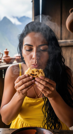 A beautiful young woman with dark hair in a yellow dress is blowing on a hot steaming arepa before eating in a rustic mountain setting.の素材
