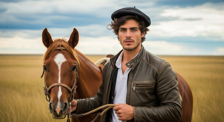 A handsome young gaucho in a leather jacket and beret stands with his horse in the vast South American pampas grasslands.の素材