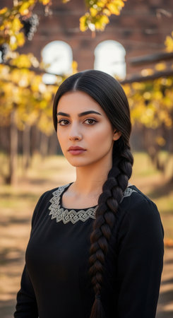 A beautiful portrait of a young woman with a long dark braid. She is wearing an elegant black dress in a vineyard in autumn.の素材