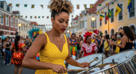 A beautiful woman with curly hair plays the steel drums at a street carnival, wearing a yellow polka dot dress.の素材
