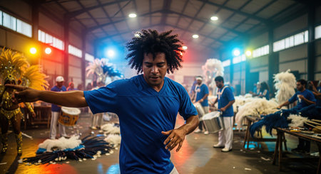 An energetic man with an afro hairstyle is dancing at a samba school rehearsal, preparing for the carnival parade in Brazil.の素材