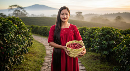 Young hispanic female farmer holding a basket of fresh coffee beans on a plantation. Portrait of a proud worker at sunrise harvest.の素材