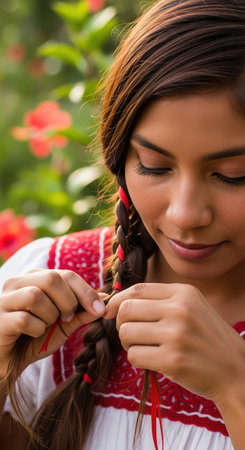 Beautiful latina woman braiding hair with red ribbon in traditional dress. She is creating a classic hairstyle in a green garden.の素材