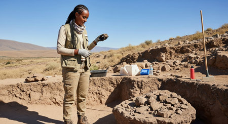Female archaeologist examining an ancient artifact at a sunny excavation site in the desert. A concept for science history and discovery.の素材