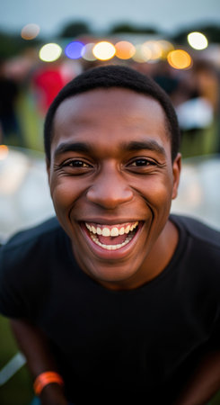 Close up portrait of a happy young african american man smiling at an outdoor evening festival. This cheerful face shows pure joy.の素材
