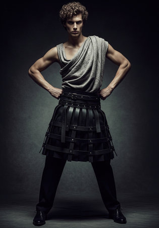 Fashion male model in roman gladiator style with leather armor skirt. Full length high fashion portrait with an intense dramatic look.の素材