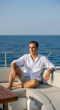 Handsome and successful man relaxing on a luxury yacht enjoying the sea view. This wealthy person is on a summer vacation cruise.の素材