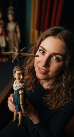 Portrait of a beautiful female puppeteer smiling while holding a traditional wooden marionette. A concept for theatre art and performance.の素材