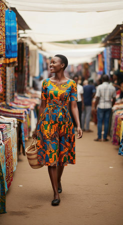 A beautiful young black woman with short hair is walking happily through a vibrant and busy outdoor textile market on a sunny day in Africa.の素材