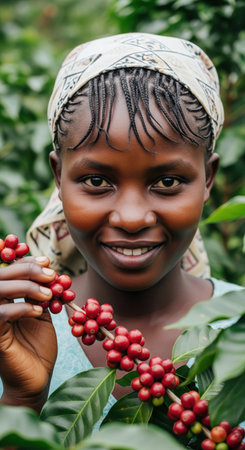 Portrait of a smiling African woman holding a branch of ripe red coffee beans on a plantation. This is a concept for agriculture and local farming.の素材