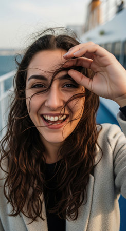 Happy young woman with windblown hair smiling during a boat trip on the ferry deck at sunset. A concept of freedom and travel.の素材