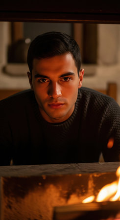 A portrait of a handsome and serious man with dark eyes, his face illuminated by the warm light of a fireplace on a cold and cozy winter evening.の素材