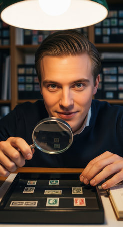 Happy young philatelist smiling while examining his postage stamp collection with a magnifying glass. A concept for hobbies and collecting.の素材