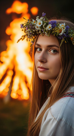 Beautiful woman in a flower wreath at a pagan midsummer festival with a large bonfire. Portrait of a mysterious girl at night.の素材