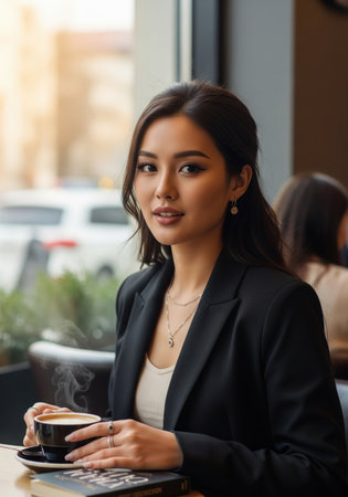 Portrait of a beautiful young asian businesswoman having a coffee break in a modern city cafe. She is looking at the camera and smiling.の素材