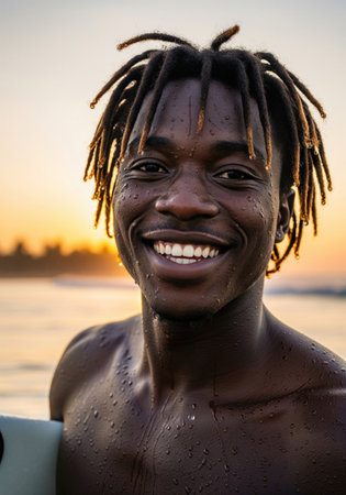 Happy young african surfer with dreadlocks smiling on the beach after surfing at sunset. A concept for a happy and active lifestyle.の素材