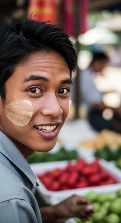 Portrait of a young smiling Southeast Asian man with traditional thanaka paste on his cheeks at a local market. A concept for travel and culture.の素材