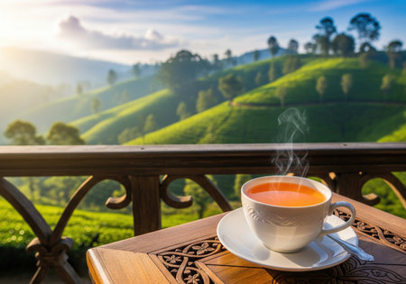 Hot steaming tea cup on a table overlooking a beautiful green tea plantation. A peaceful and relaxing morning travel concept.の素材