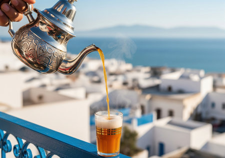 Pouring traditional moroccan mint tea from a teapot into a glass with a scenic view over a white coastal town by the sea.の素材