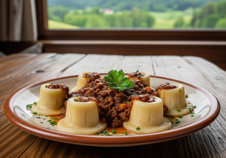 Traditional Slovenian Idrijski Zlikrofi dumplings served with a rich meat sauce, a delicious and hearty homemade national meal for dinner.の素材