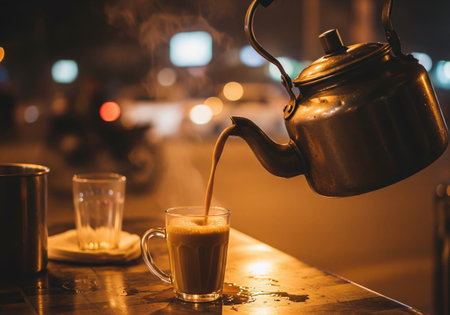 Hot and milky Karak Chai being poured from a traditional kettle into a glass at a popular street food stall during a cozy evening.の素材