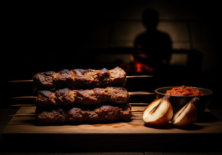 Delicious grilled Michopo kebab, a traditional Botswana dish with onion and sauce, served on a rustic wooden board with a fire in the background.の素材