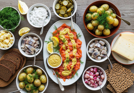 Traditional Swedish smorgasbord with gravlax salmon, herring, and dill potatoes, a festive Scandinavian buffet on a rustic wooden table.の素材