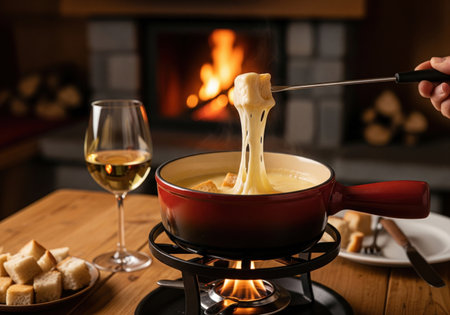 Cozy winter meal of swiss cheese fondue with bread and white wine. A hand is dipping bread into the melted cheese in front of a warm fire.の素材