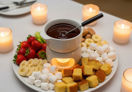 Romantic chocolate fondue dessert with fresh strawberries, banana, marshmallows, and cake. A sweet and fun sharing dish for a date.の素材