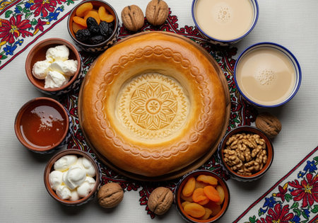Traditional Tajik non bread served for breakfast with nuts, dried fruits, fresh cream, and milky tea on a beautiful suzani tablecloth.の素材