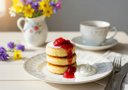 Homemade cottage cheese syrniki pancakes with berry jam and sour cream, served for a sunny and delicious breakfast with fresh flowers.の素材